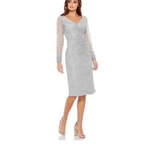 NWT New Mac Duggal Gray Grey Silver Long Sleeve Formal Gown Dress Size 16